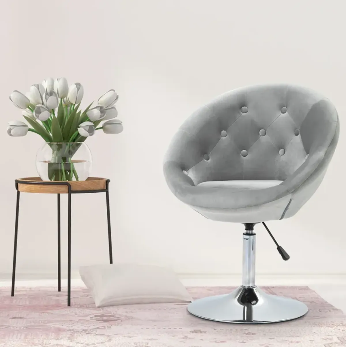 HOMCOM Modern Makeup Vanity Chair Round Tufted Swivel Accent Chair with Chrome Frame Height Adjustable for Living Room, Bedroom Grey