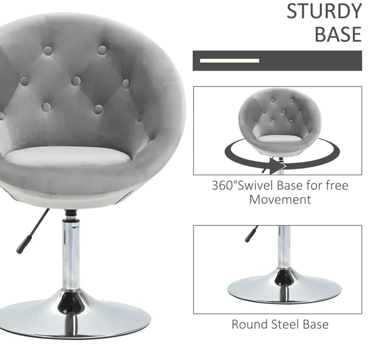 HOMCOM Modern Makeup Vanity Chair Round Tufted Swivel Accent Chair with Chrome Frame Height Adjustable for Living Room, Bedroom Grey