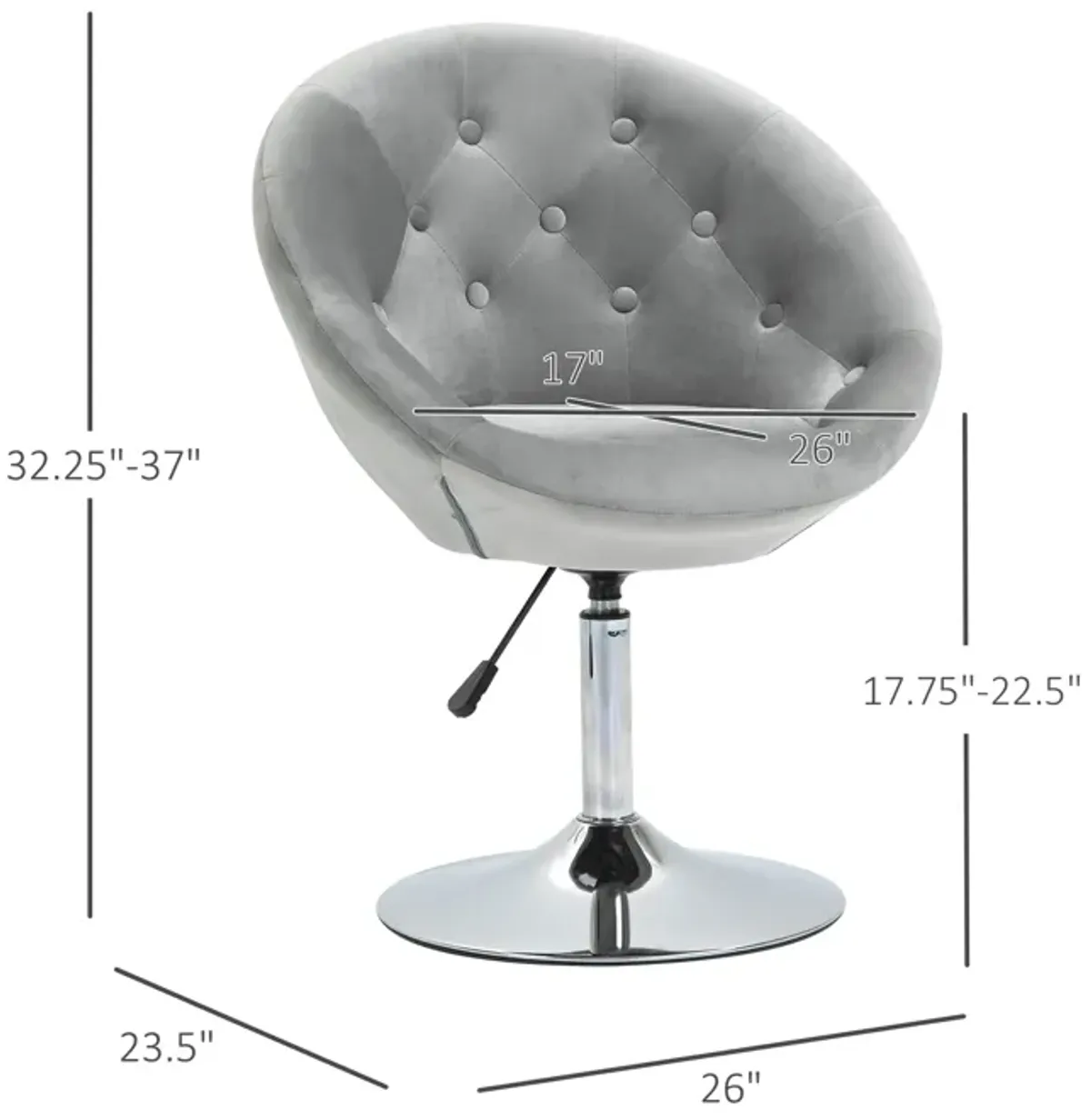 HOMCOM Modern Makeup Vanity Chair Round Tufted Swivel Accent Chair with Chrome Frame Height Adjustable for Living Room, Bedroom Grey