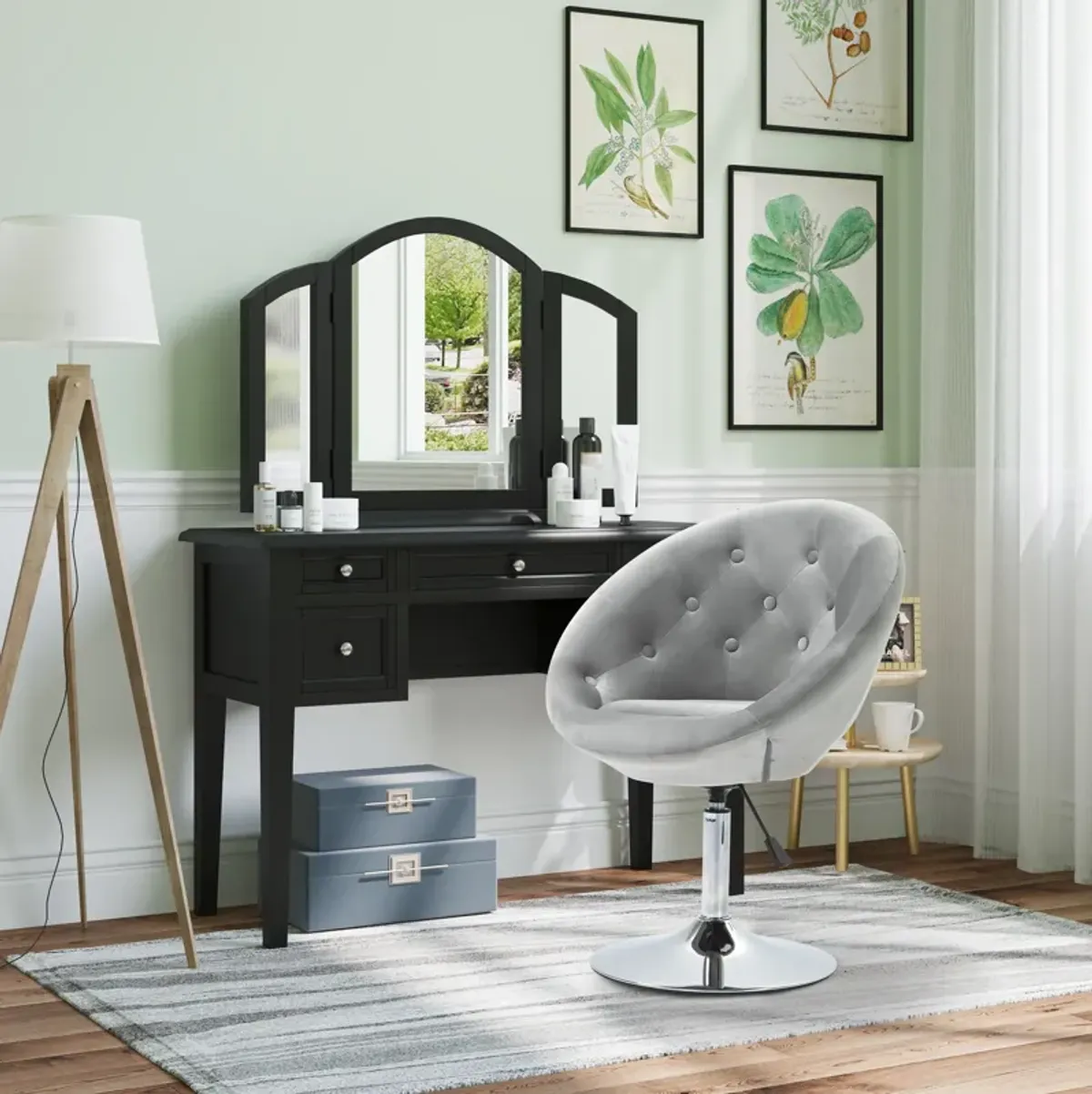 HOMCOM Modern Makeup Vanity Chair Round Tufted Swivel Accent Chair with Chrome Frame Height Adjustable for Living Room, Bedroom Grey