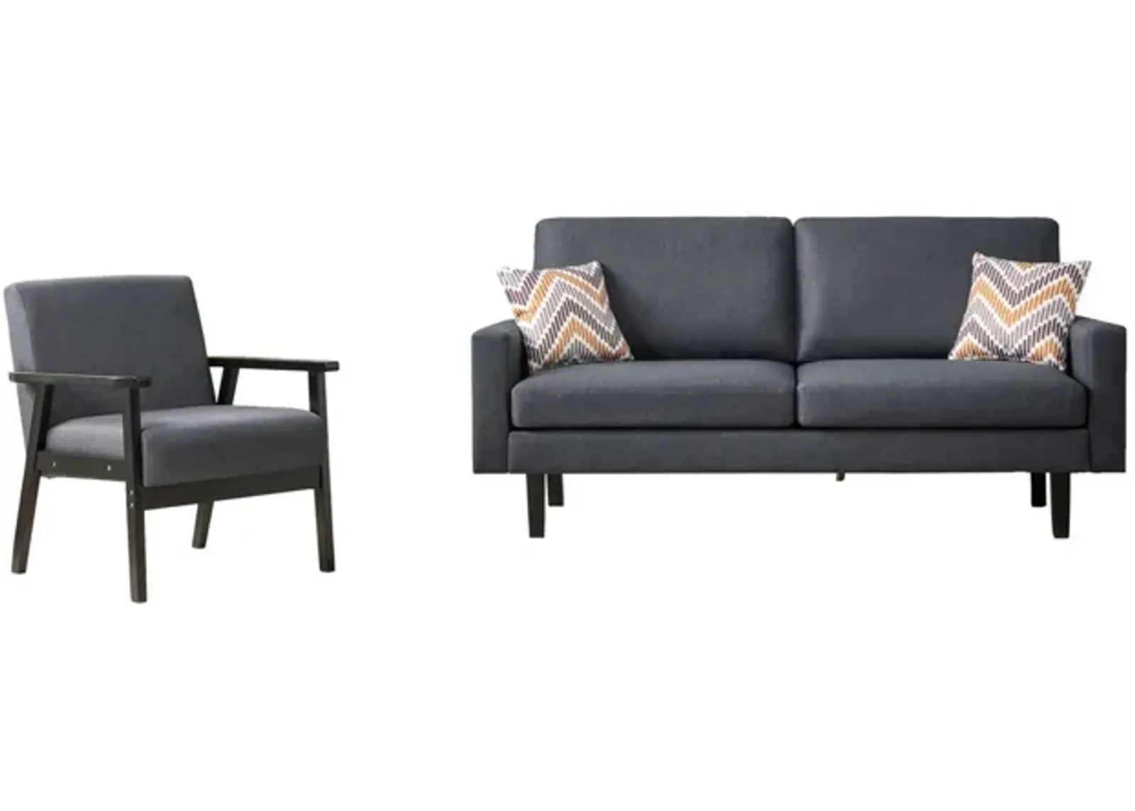 Gala 2pc Sofa and Chair Set, Slate Gray Fabric, 2 Pillows, Black Wood Frame-Benzara