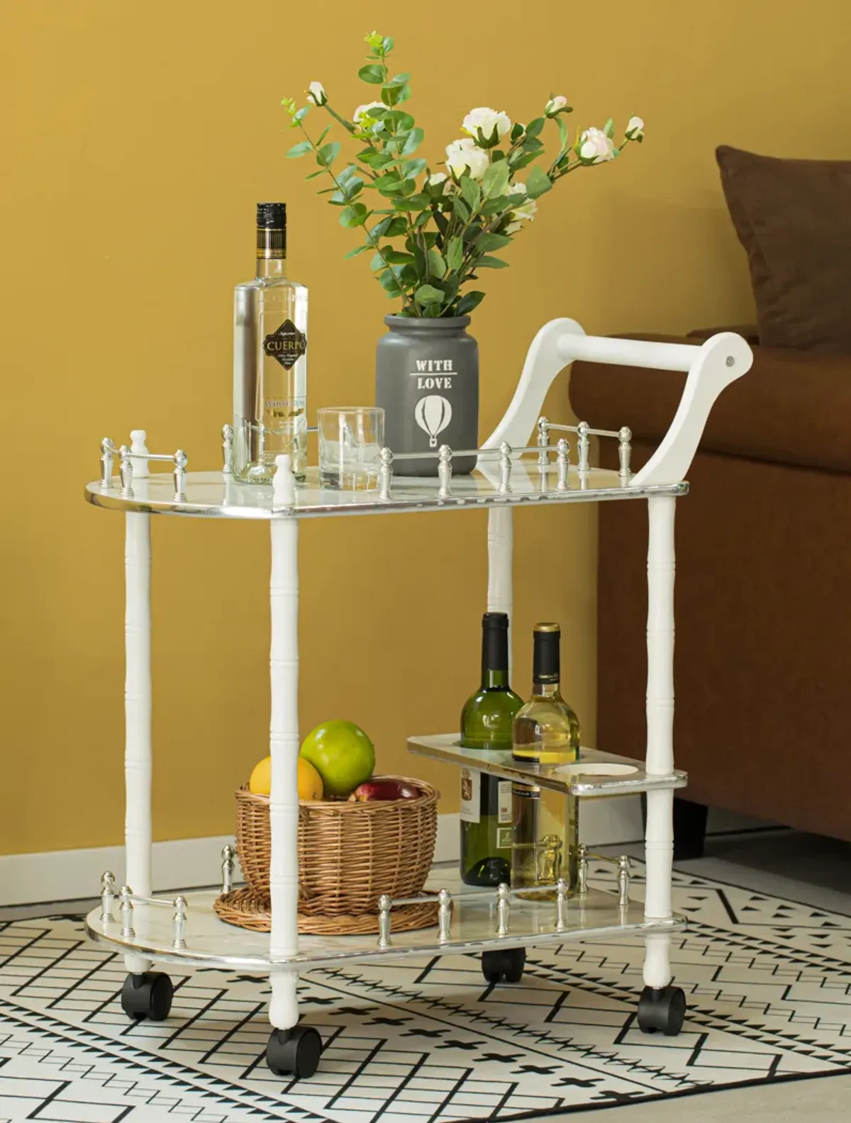 Serving Bar Cart Tea Trolley, 2 Tier Shelves on Rolling Wheels, Mobile Liquor Bar for Wine Beverage Drink Dinner Party, Utility Kitchen Storage Island Coffee Cabinet for Dining Living Room, Wood, Gray