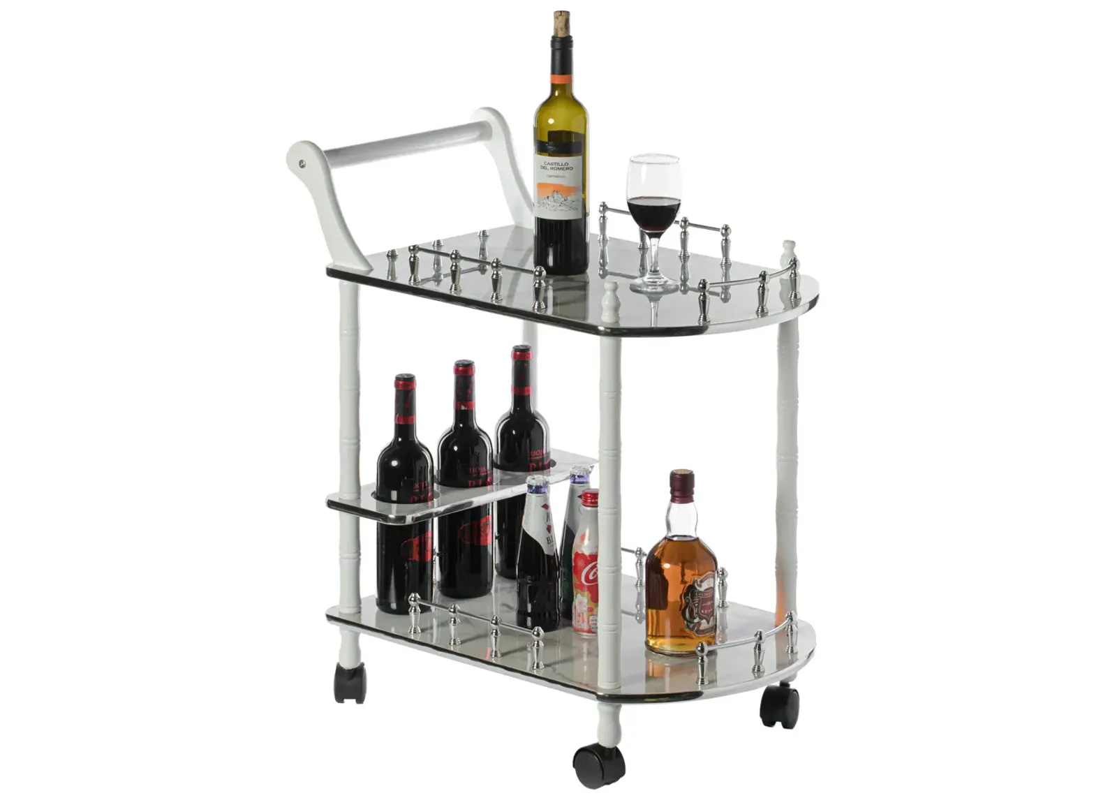 Serving Bar Cart Tea Trolley, 2 Tier Shelves on Rolling Wheels, Mobile Liquor Bar for Wine Beverage Drink Dinner Party, Utility Kitchen Storage Island Coffee Cabinet for Dining Living Room, Wood, Gray