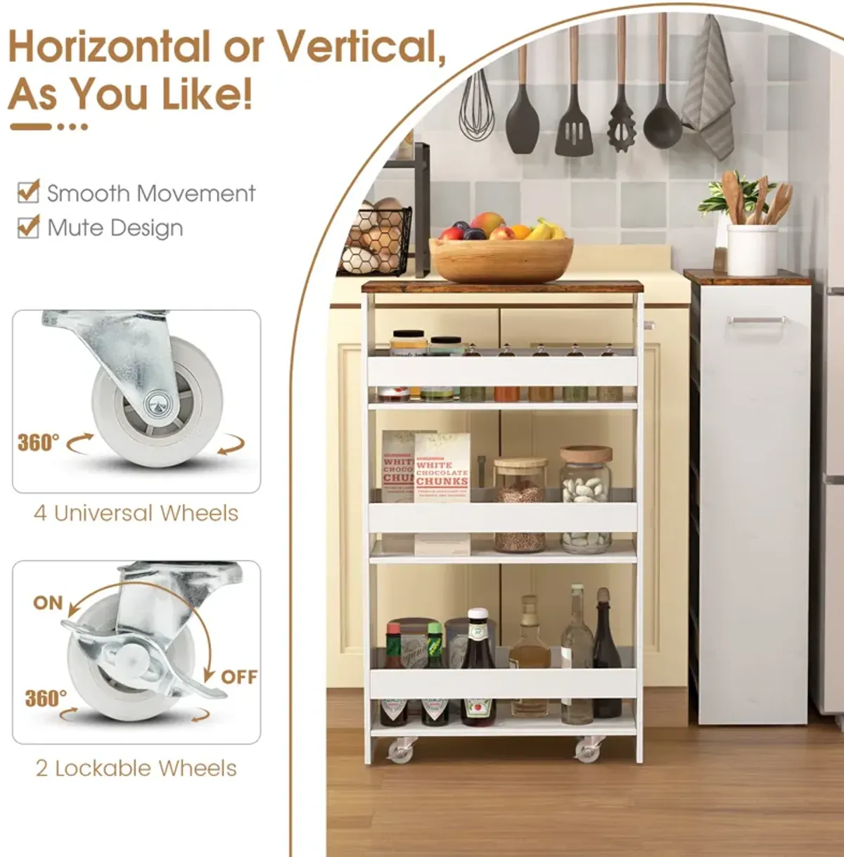 4-Tier Rolling Storage Cart Slim Kitchen Cart on Wheels with Open Shelves and Handle