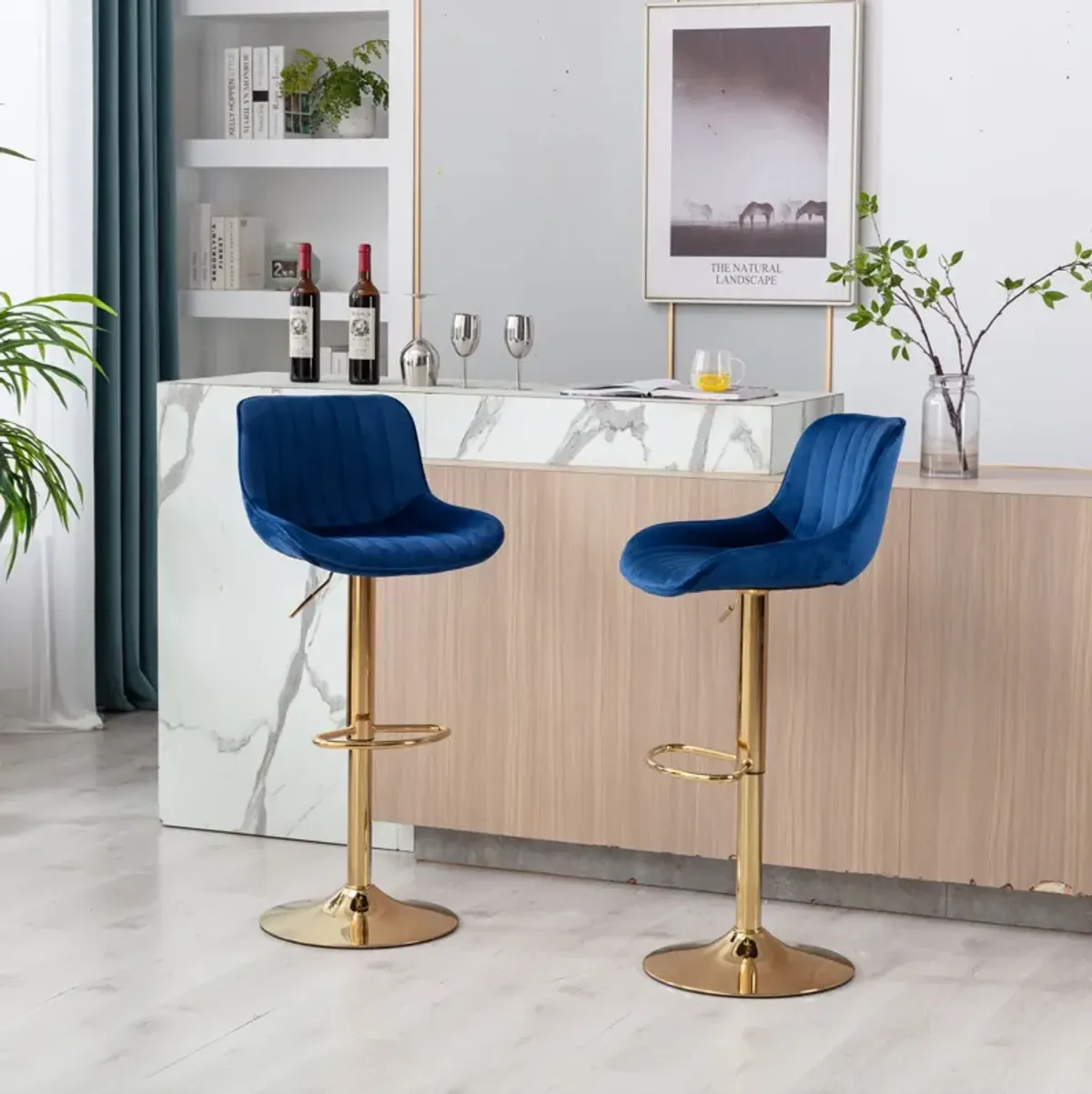 Chrome Footrest and Base Swivel Height Adjustable Mechanical Lifting Velvet + Golden Leg Simple Bar Stool, Set of 2, Navy