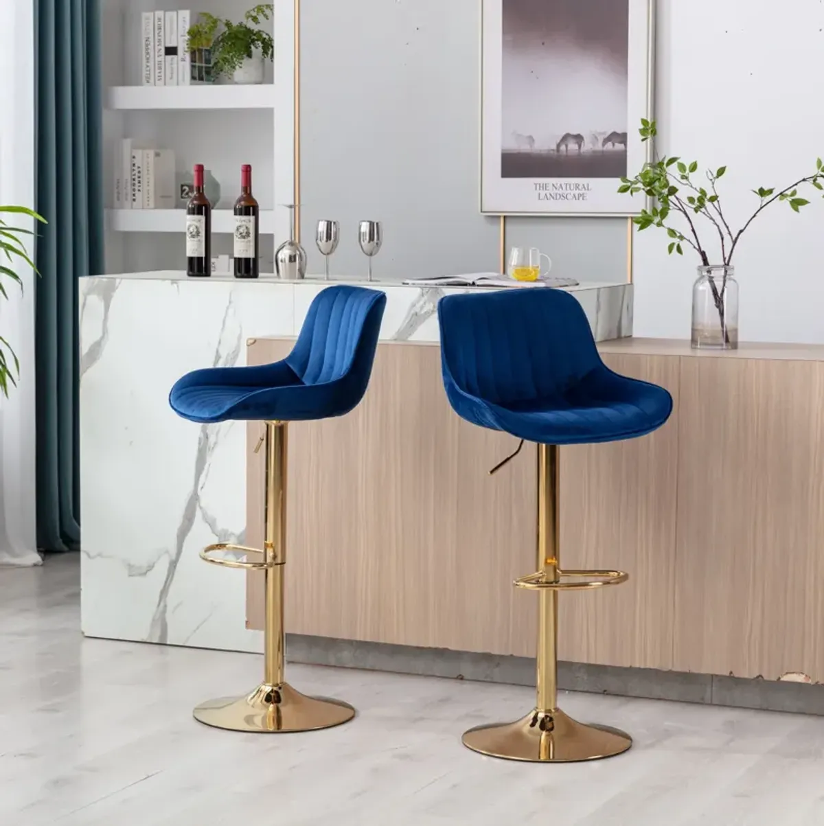 Chrome Footrest and Base Swivel Height Adjustable Mechanical Lifting Velvet + Golden Leg Simple Bar Stool, Set of 2, Navy