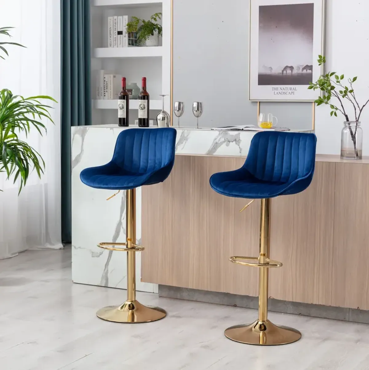 Chrome Footrest and Base Swivel Height Adjustable Mechanical Lifting Velvet + Golden Leg Simple Bar Stool, Set of 2, Navy