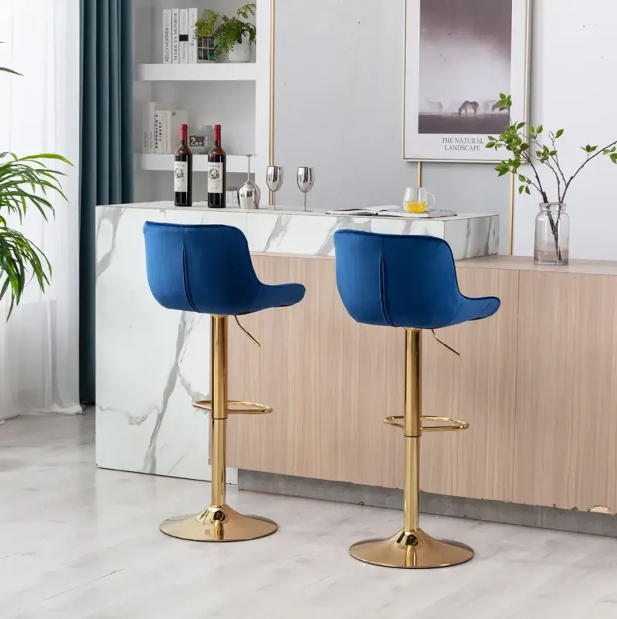 Chrome Footrest and Base Swivel Height Adjustable Mechanical Lifting Velvet + Golden Leg Simple Bar Stool, Set of 2, Navy