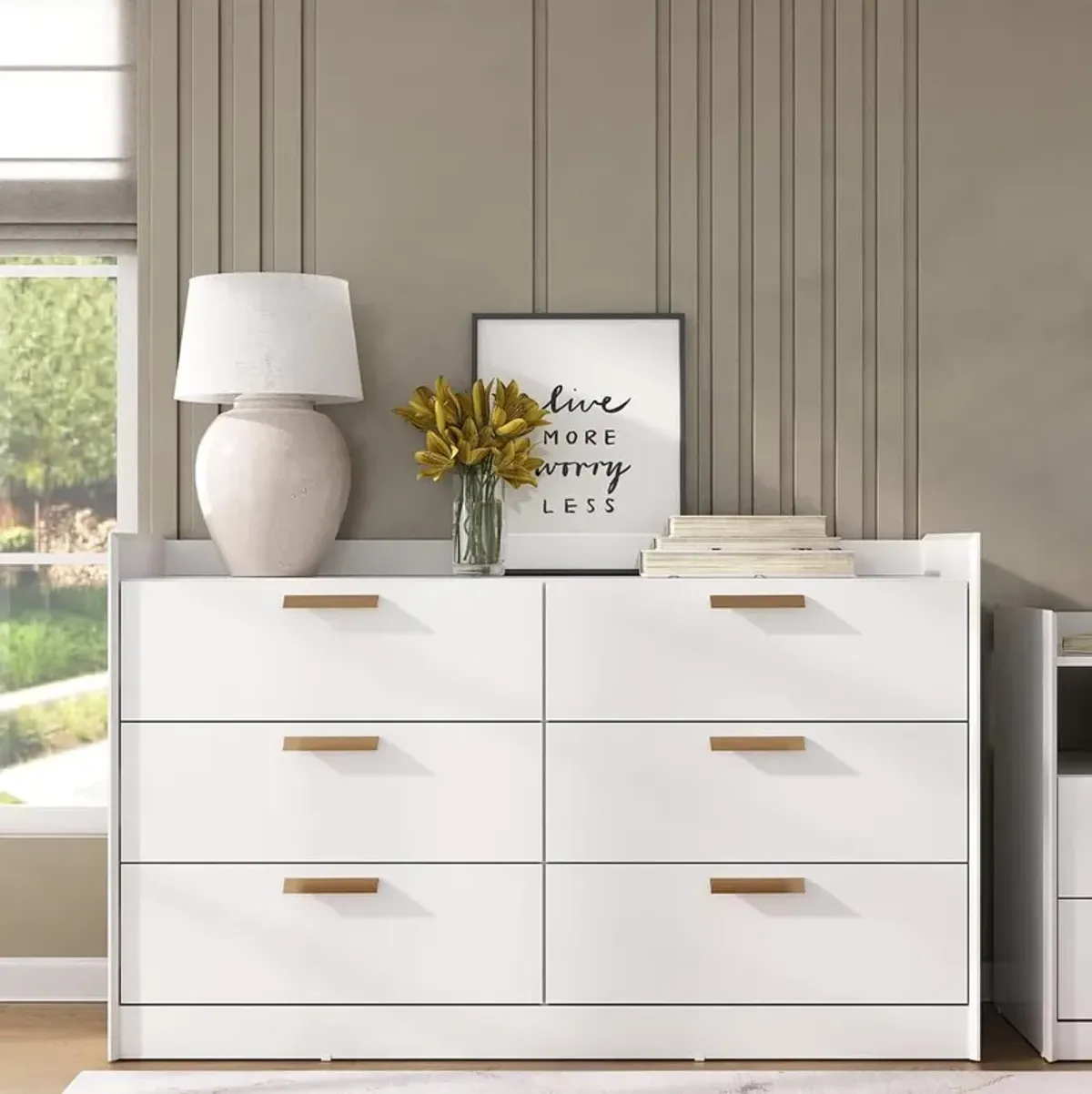 Falkk Furniture Modern Chic White 6-Drawer Dresser Featuring Bronze Handles