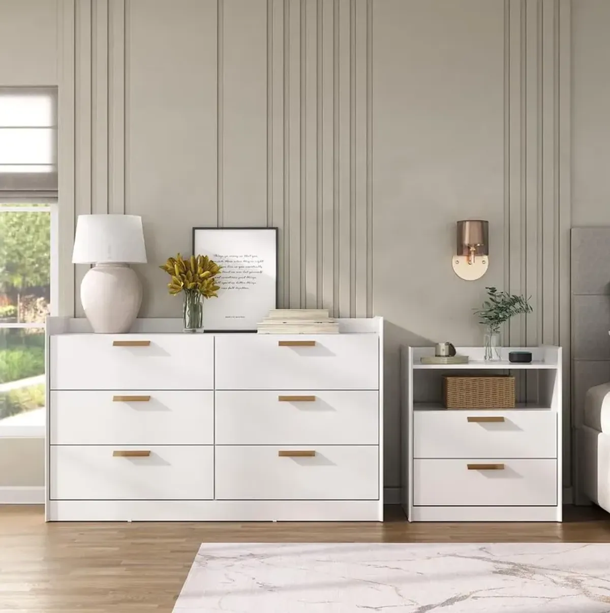 Falkk Furniture Modern Chic White 6-Drawer Dresser Featuring Bronze Handles