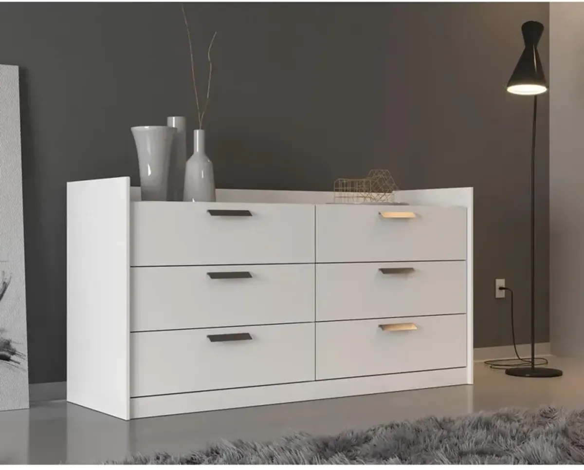 Falkk Furniture Modern Chic White 6-Drawer Dresser Featuring Bronze Handles