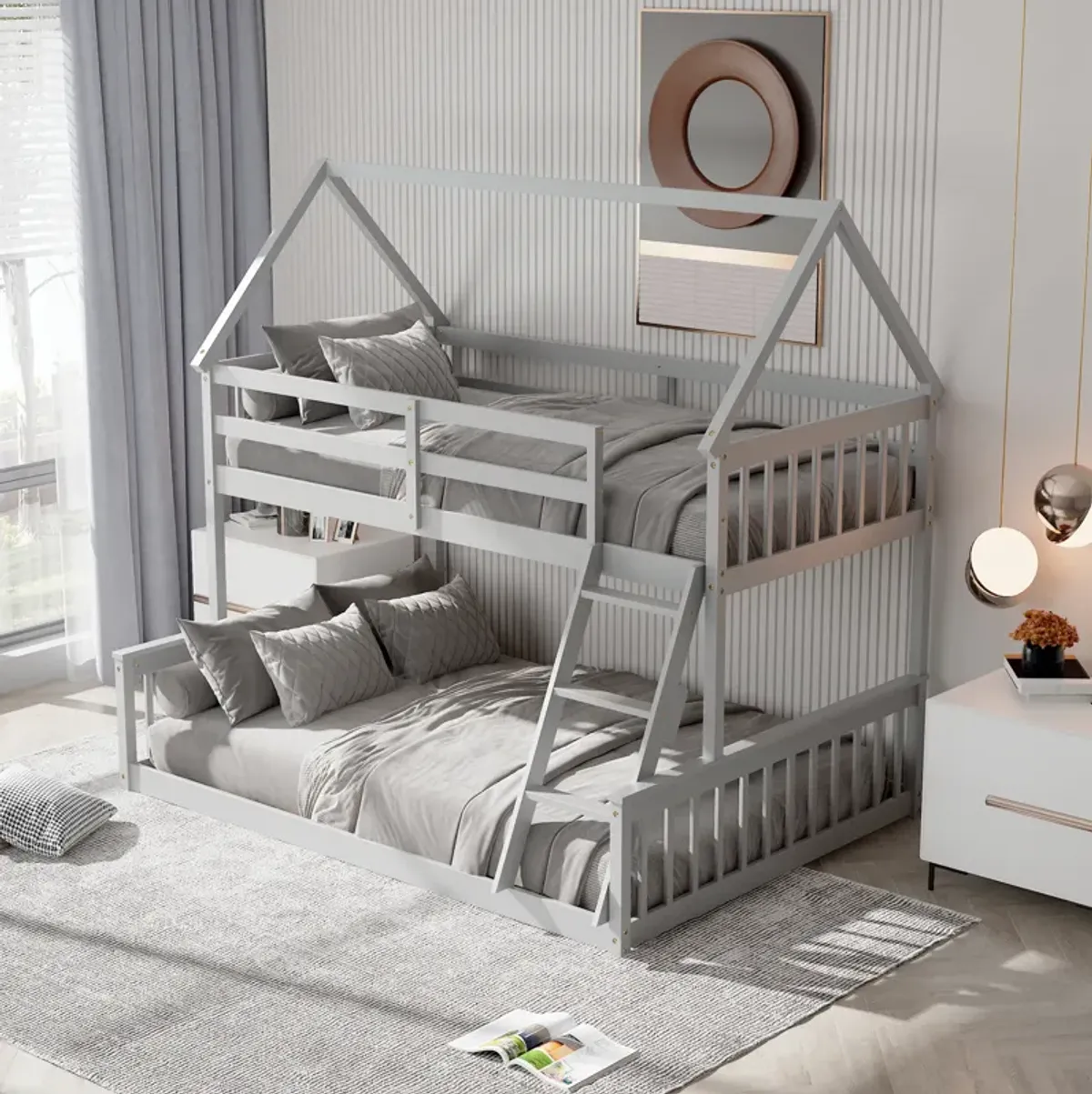 Twin Over Full House Bunk Bed with Ladder and Guardrails