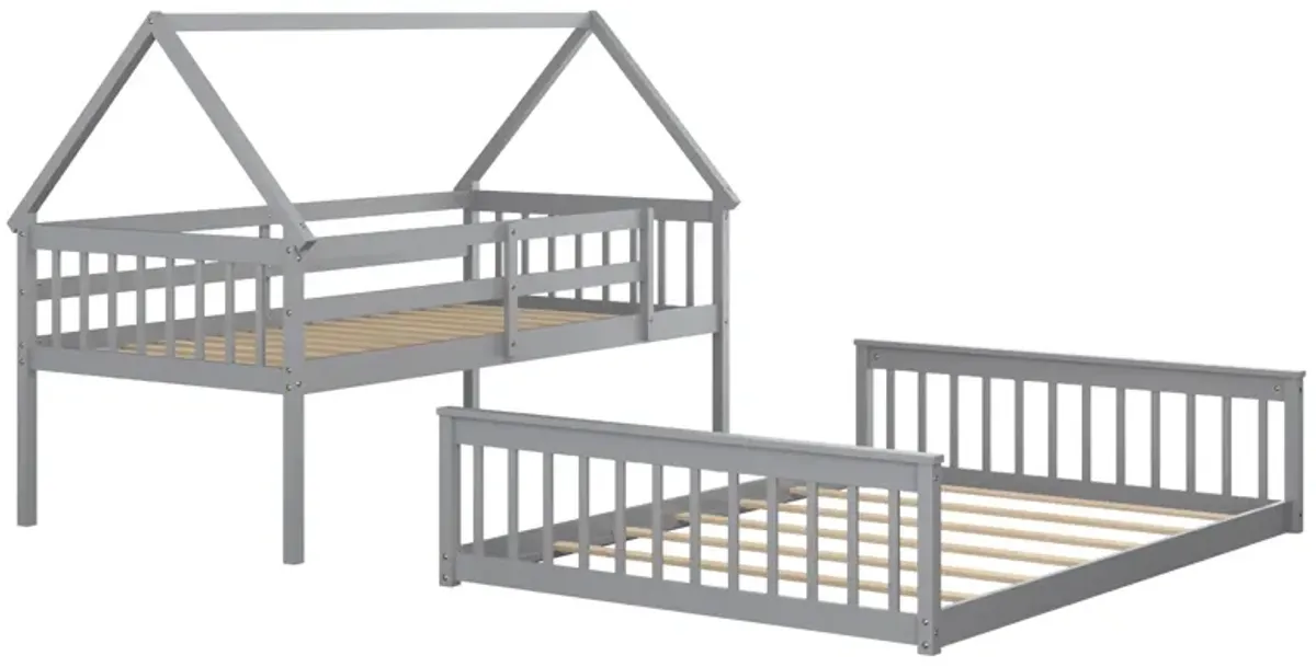 Twin Over Full House Bunk Bed with Ladder and Guardrails