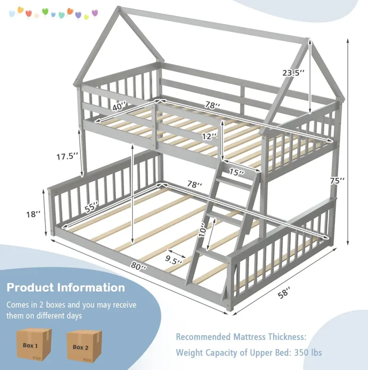 Twin Over Full House Bunk Bed with Ladder and Guardrails