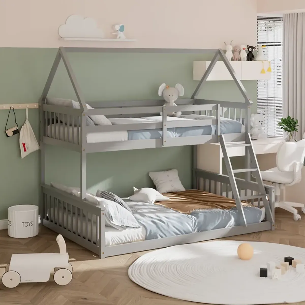 Twin Over Full House Bunk Bed with Ladder and Guardrails