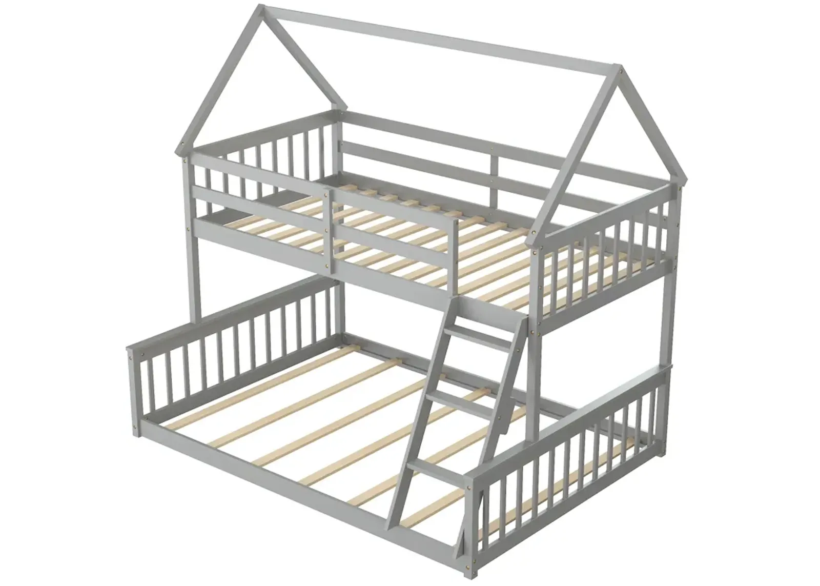 Twin Over Full House Bunk Bed with Ladder and Guardrails