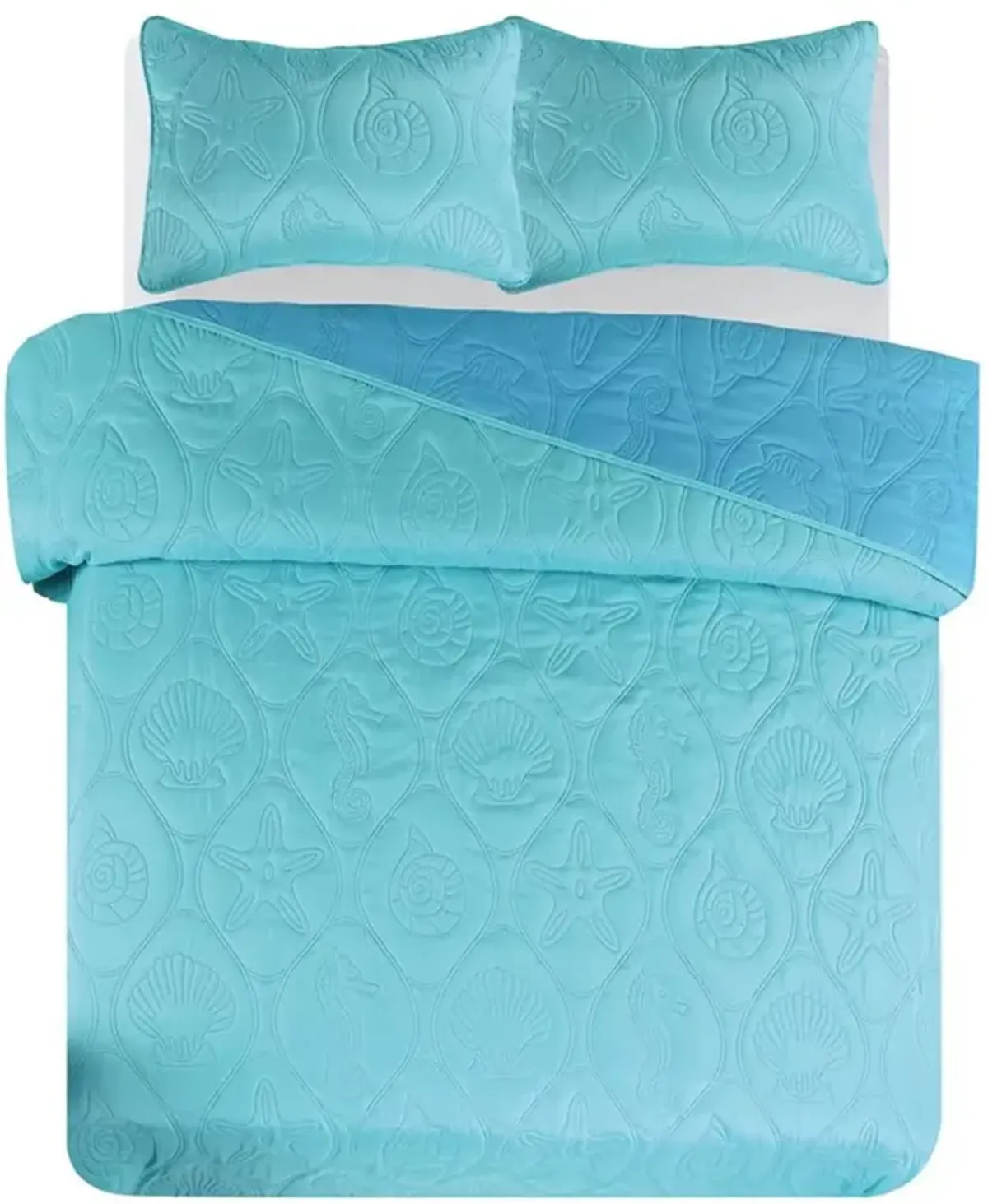 Legacy Decor 3 PCS Shell & Seahorse Stitched Pinsonic Reversible Lightweight All Season Bedspread Quilt Coverlet Oversize, Turquoise Color, Queen Size