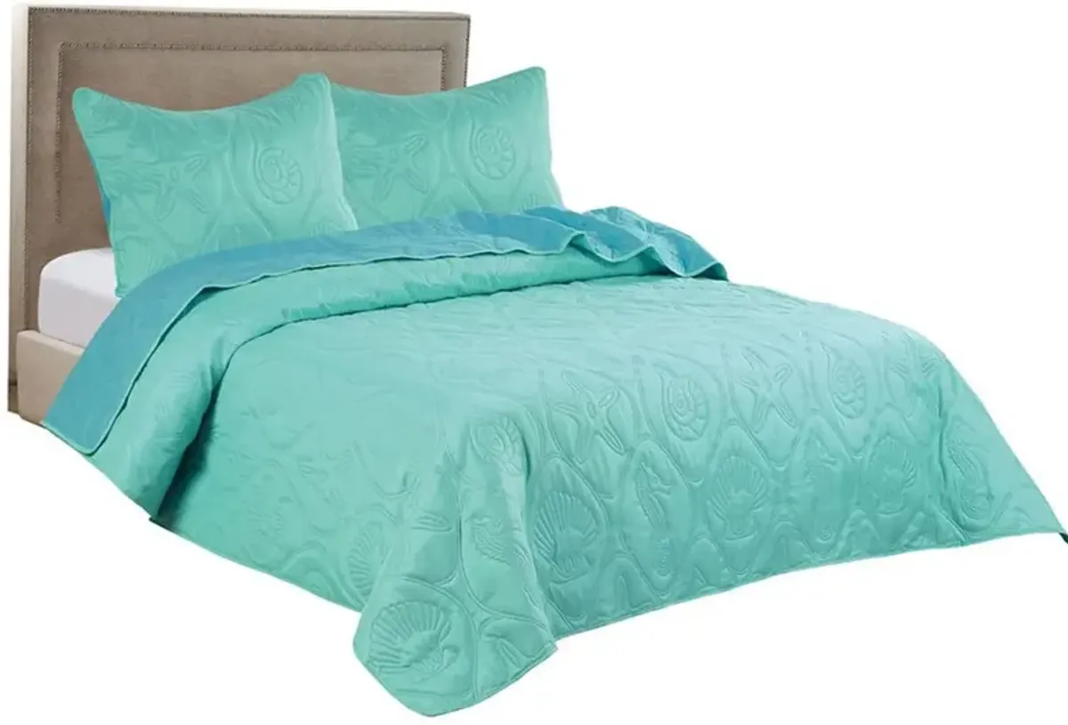 Legacy Decor 3 PCS Shell & Seahorse Stitched Pinsonic Reversible Lightweight All Season Bedspread Quilt Coverlet Oversize, Turquoise Color, Queen Size