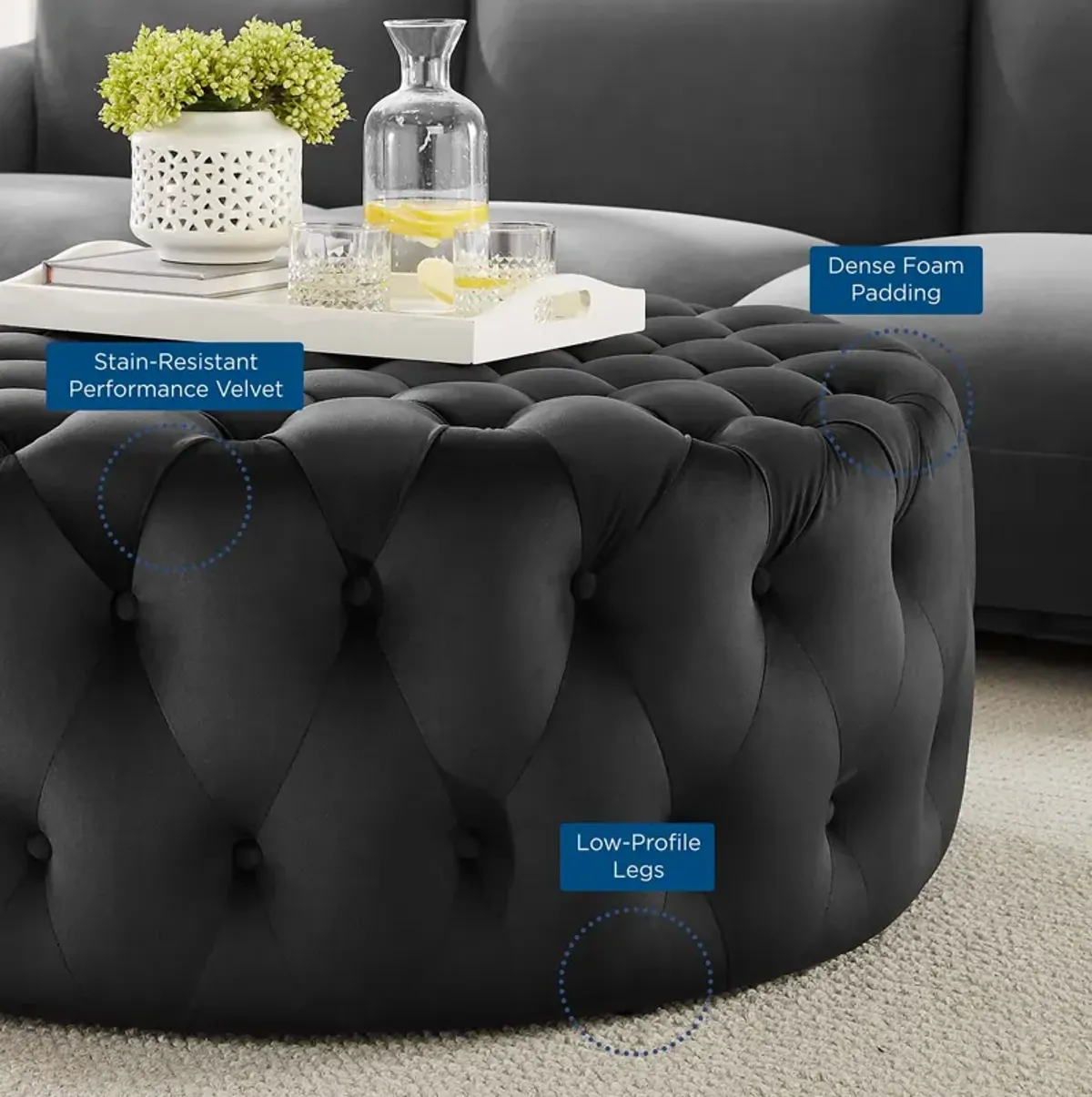 Amour Tufted Button Large Round Performance Velvet Ottoman