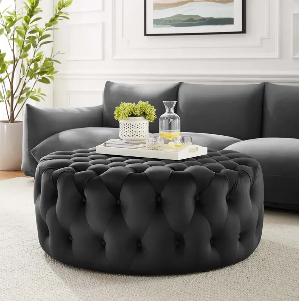 Amour Tufted Button Large Round Performance Velvet Ottoman