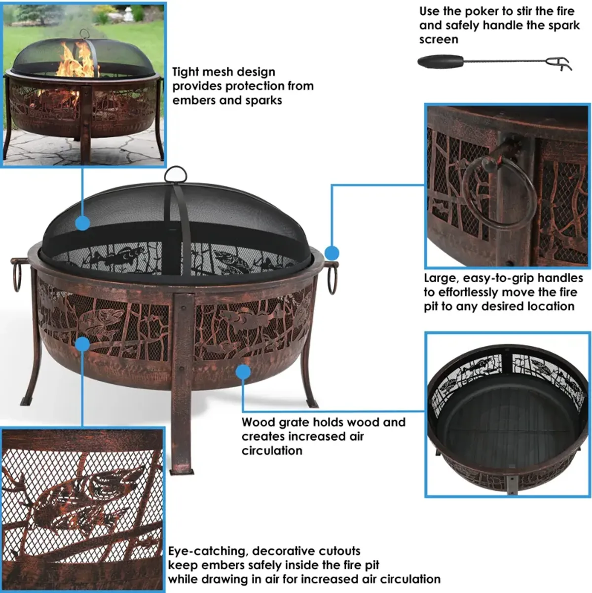 Sunnydaze 30 in Northwoods Fishing Steel Fire Pit with Spark Screen