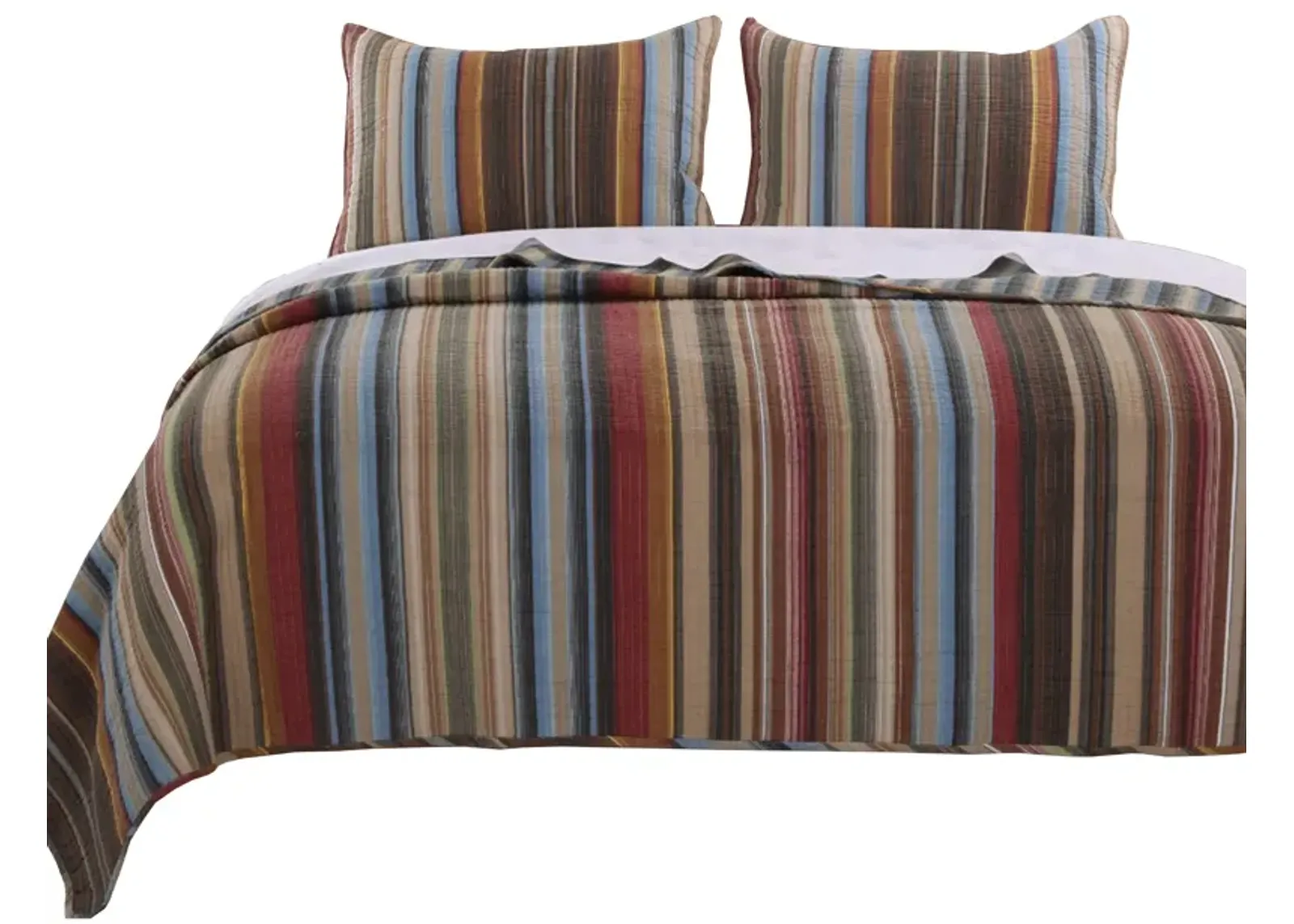 Phoenix Fabric 3 Piece Queen Size Quilt Set with Striped Prints, Multicolor - Benzara