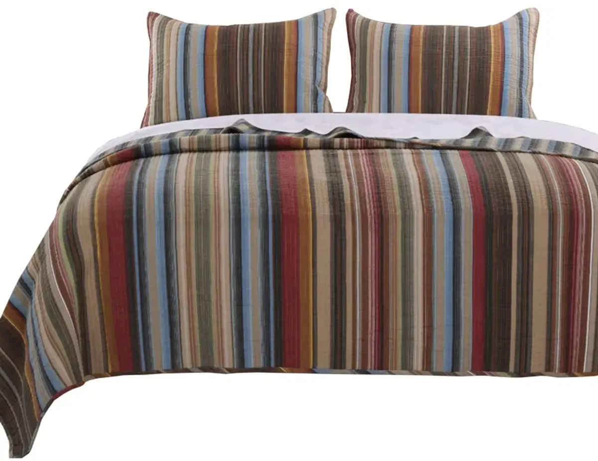 Phoenix Fabric 3 Piece Queen Size Quilt Set with Striped Prints, Multicolor - Benzara