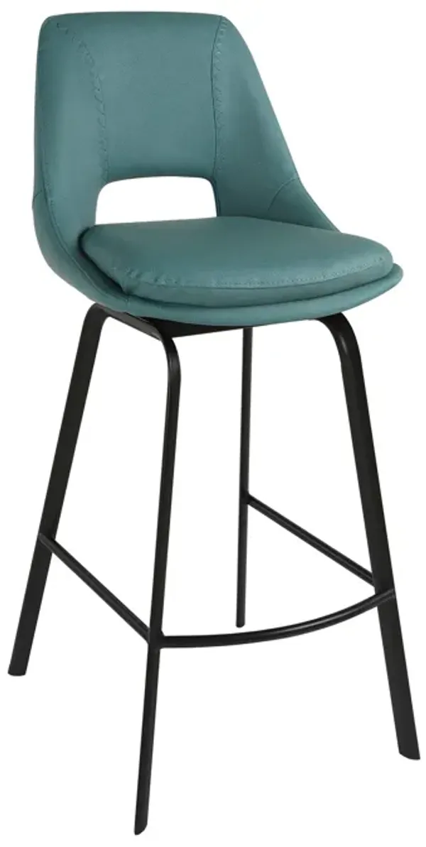 Ayn 30 Inch Modern Bar Stool, Vegan Faux Leather, Swivel, Metal, Blue-Benzara