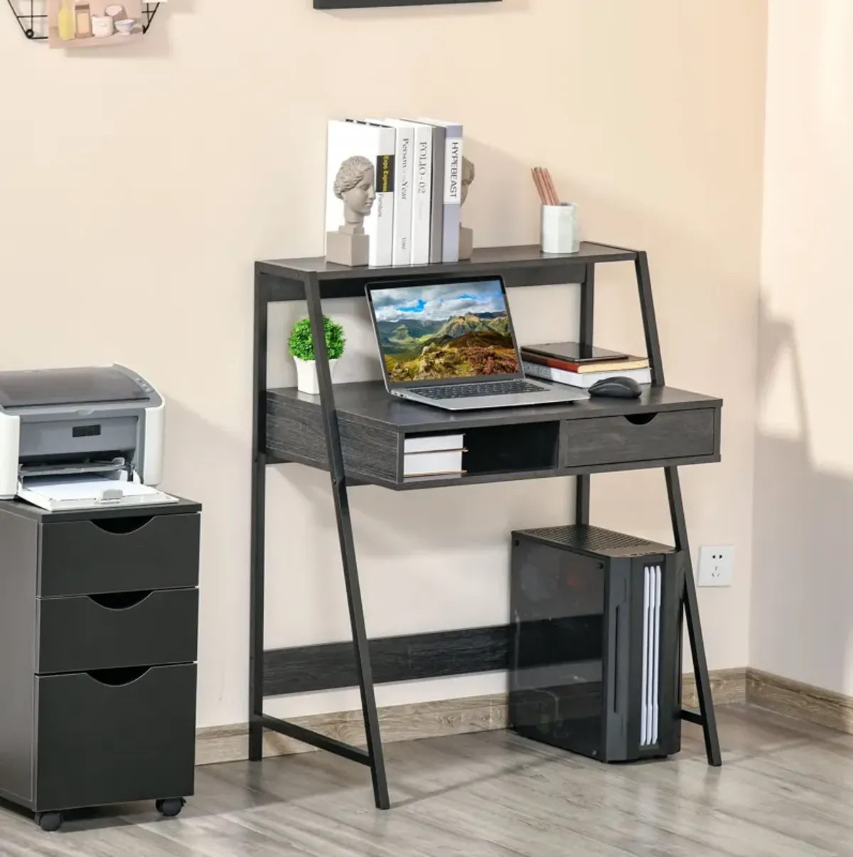 Gray Compact Workspace: Small Space Writing Desk with Storage