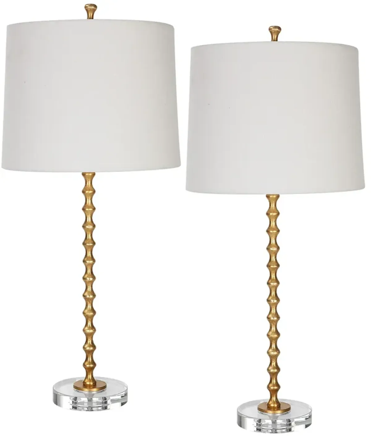 29 Inch Table Lamp, Set of 2, White Tapered Shade, Gold Leaf, Round Base - Benzara