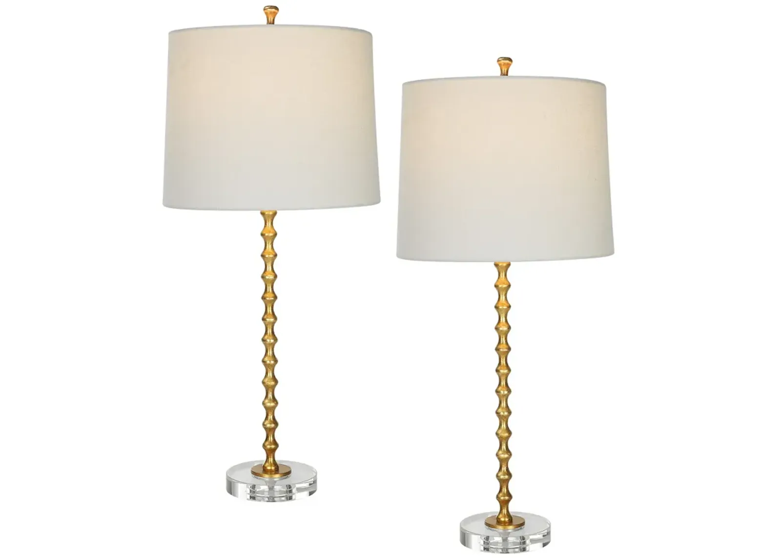 29 Inch Table Lamp, Set of 2, White Tapered Shade, Gold Leaf, Round Base - Benzara