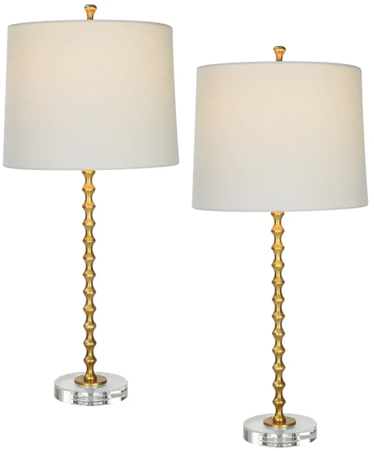 29 Inch Table Lamp, Set of 2, White Tapered Shade, Gold Leaf, Round Base - Benzara