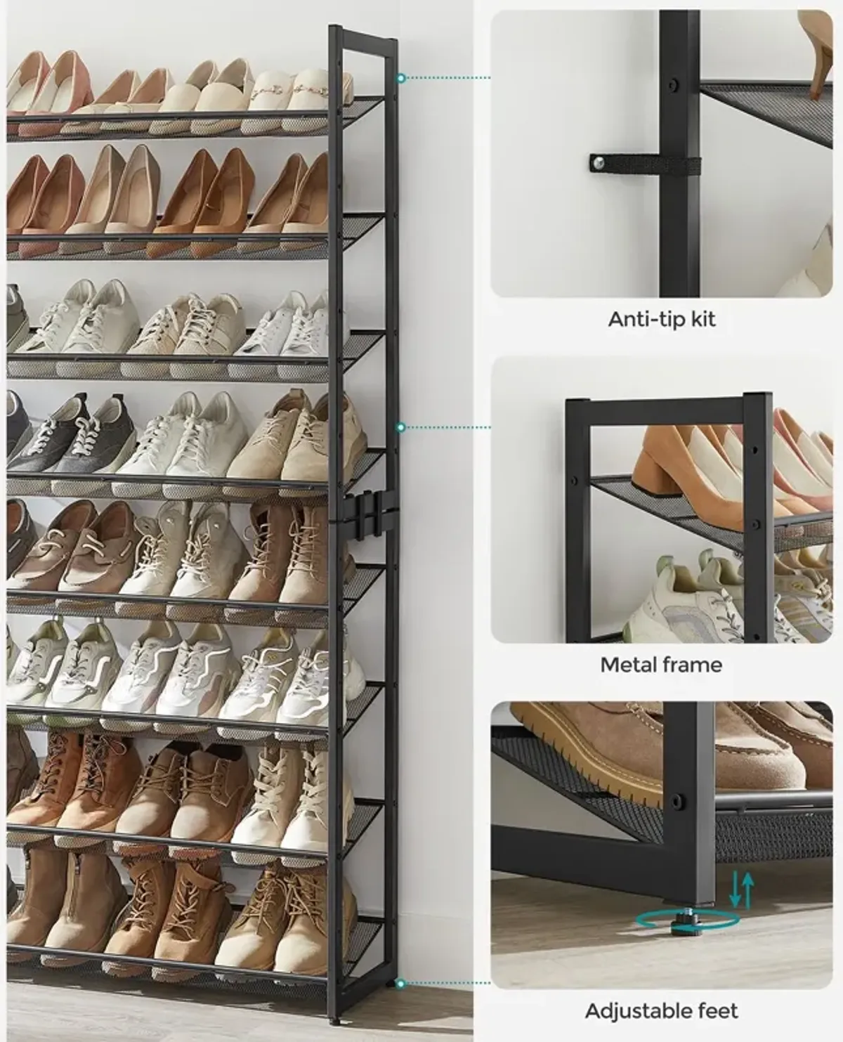 8-Tier Shoe Rack - Set of 2 Stackable 4-Tier Metal Mesh Shoe Organizers for Storage