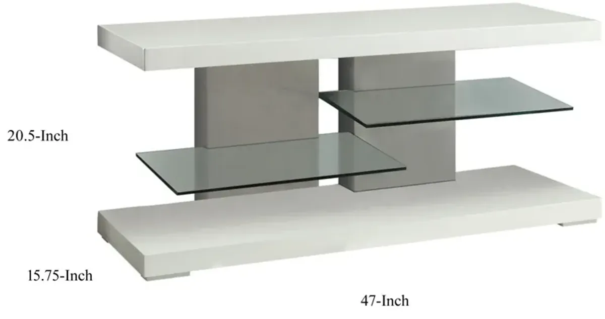 Charming white tv console with Alternating Glass Shelves-Benzara