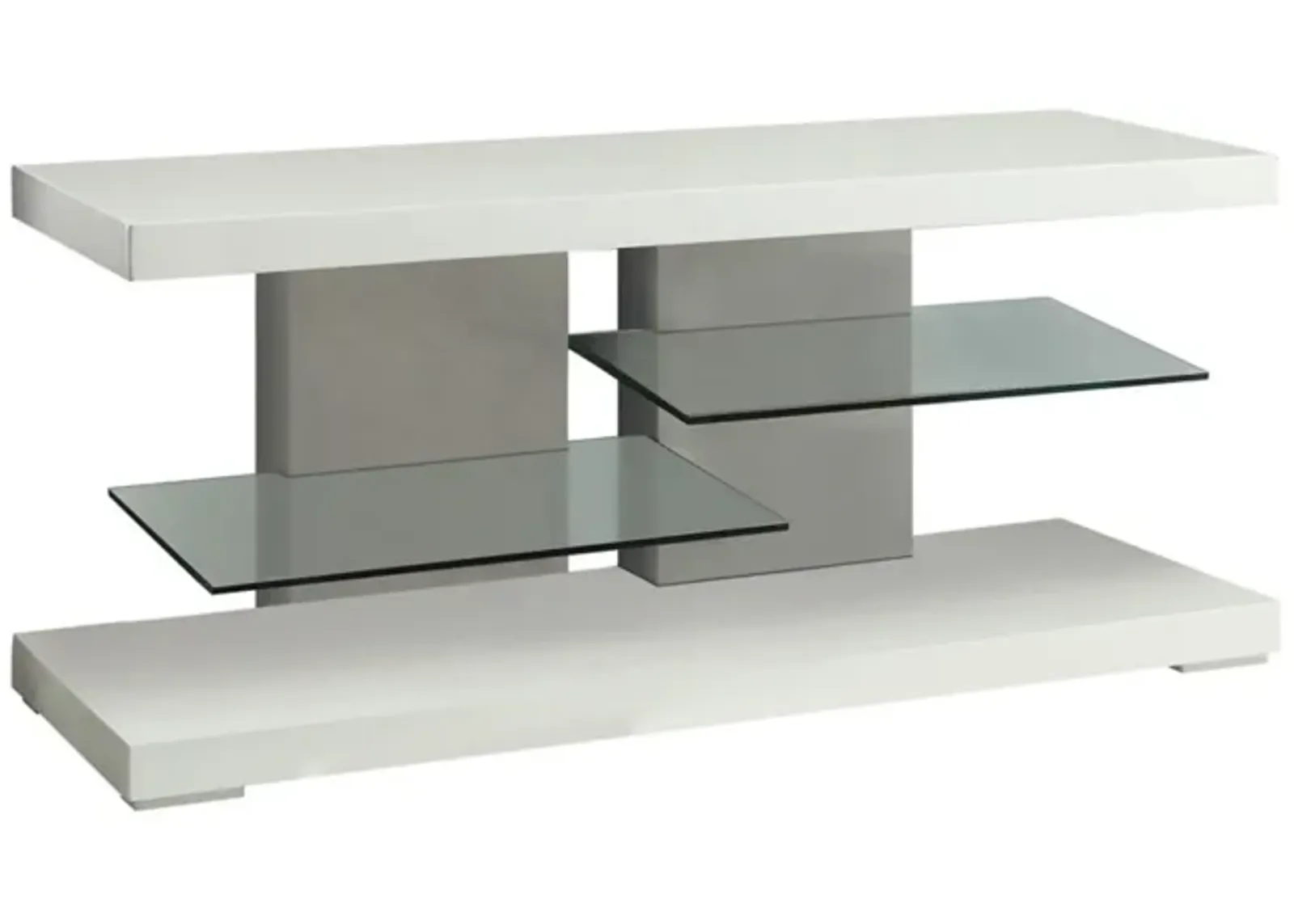 Charming white tv console with Alternating Glass Shelves-Benzara