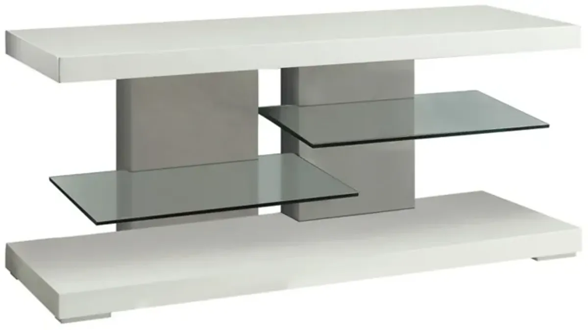 Charming white tv console with Alternating Glass Shelves-Benzara