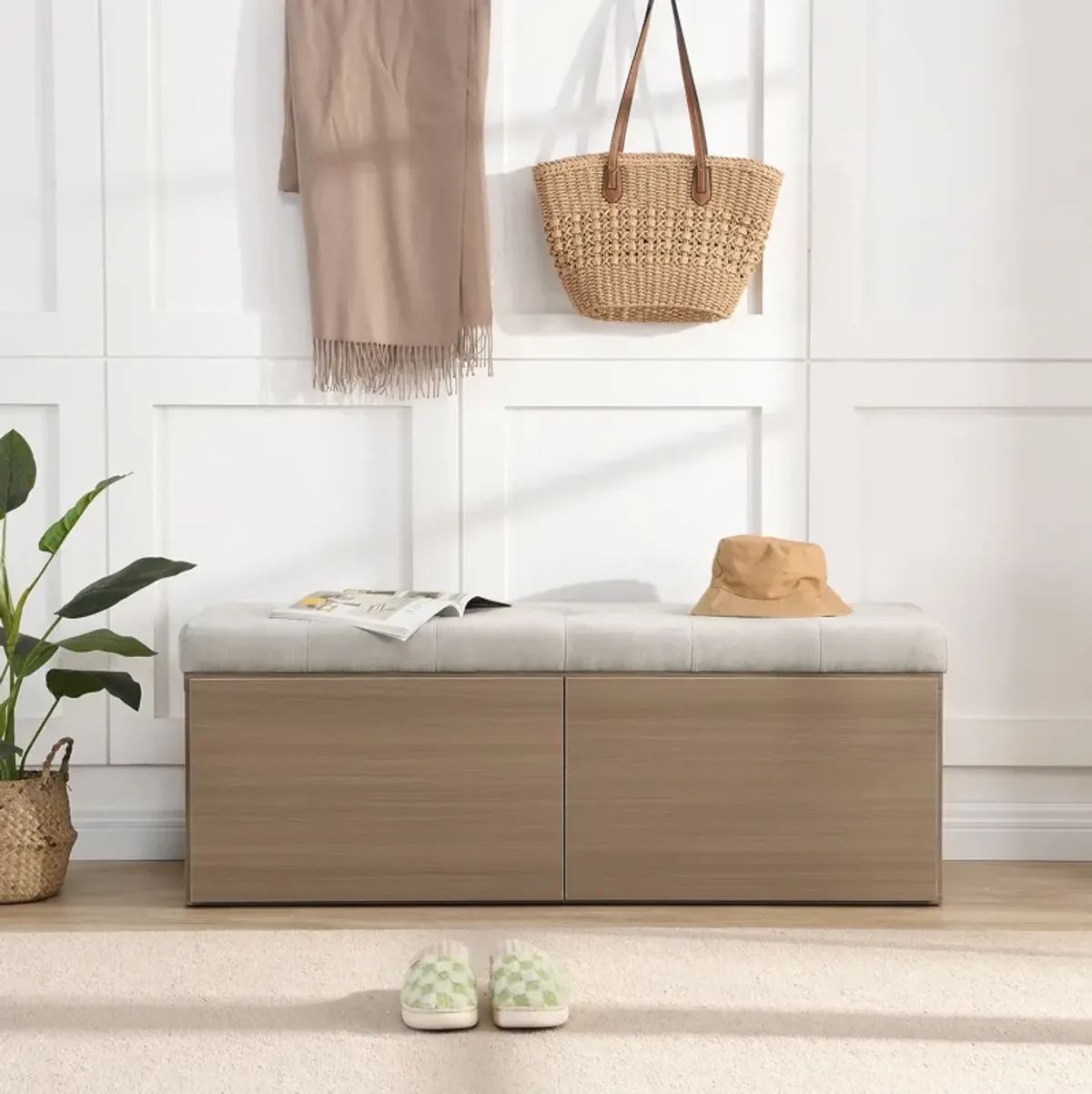 49" Shoe Storage Bench Entryway Shoe Cabinet Storage Ottoman with Padded Seat Cushion and Double Doors for Entryway, Hallway and Bedroom, Light Grey