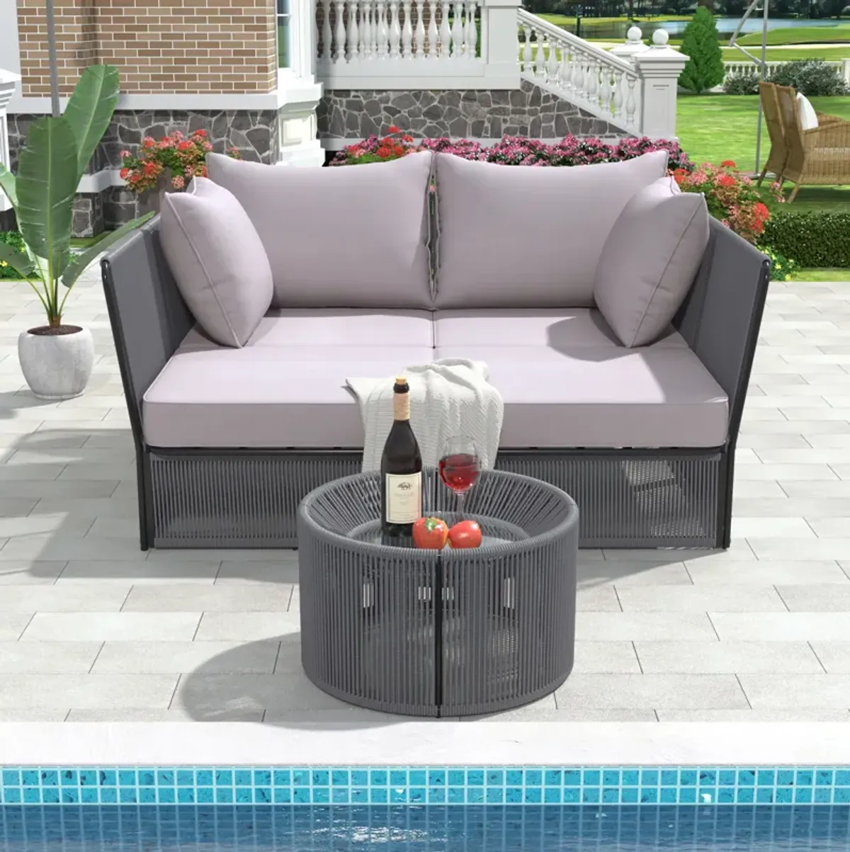 Merax  Outdoor Sunbed and Coffee Table Set Patio  Lounger Loveseat Daybed