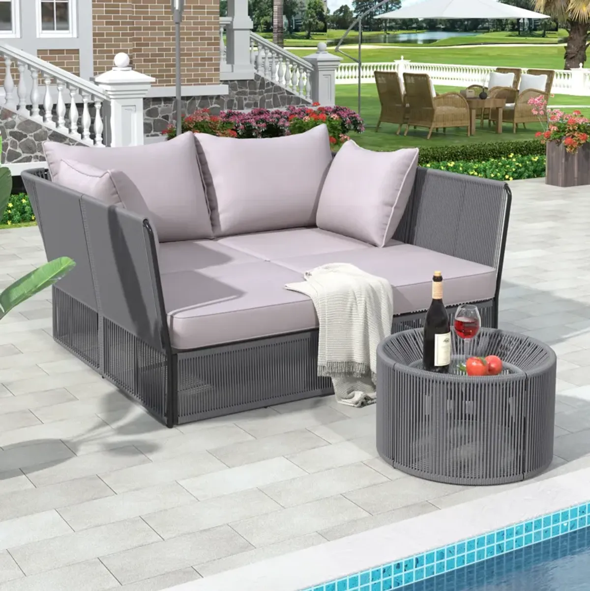 Merax  Outdoor Sunbed and Coffee Table Set Patio  Lounger Loveseat Daybed