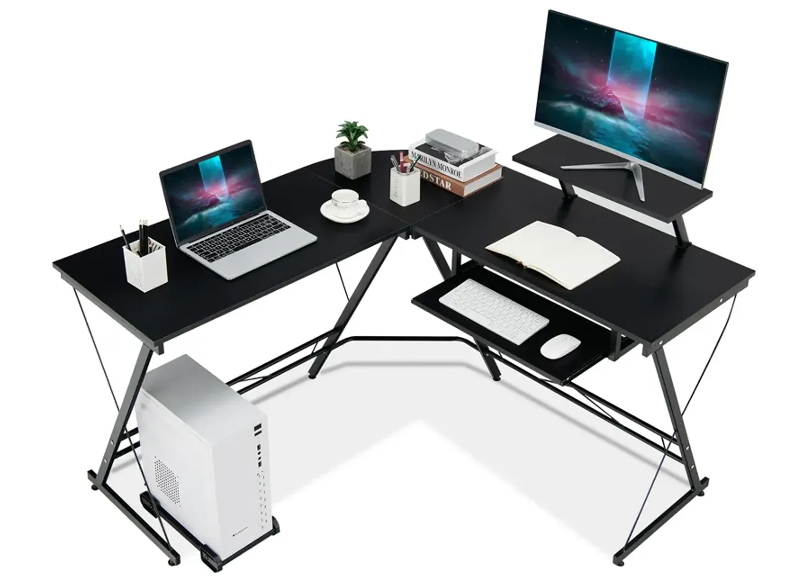 Costway L Shaped Computer Desk Home Office Workstation w/ Movable Monitor Stand Black