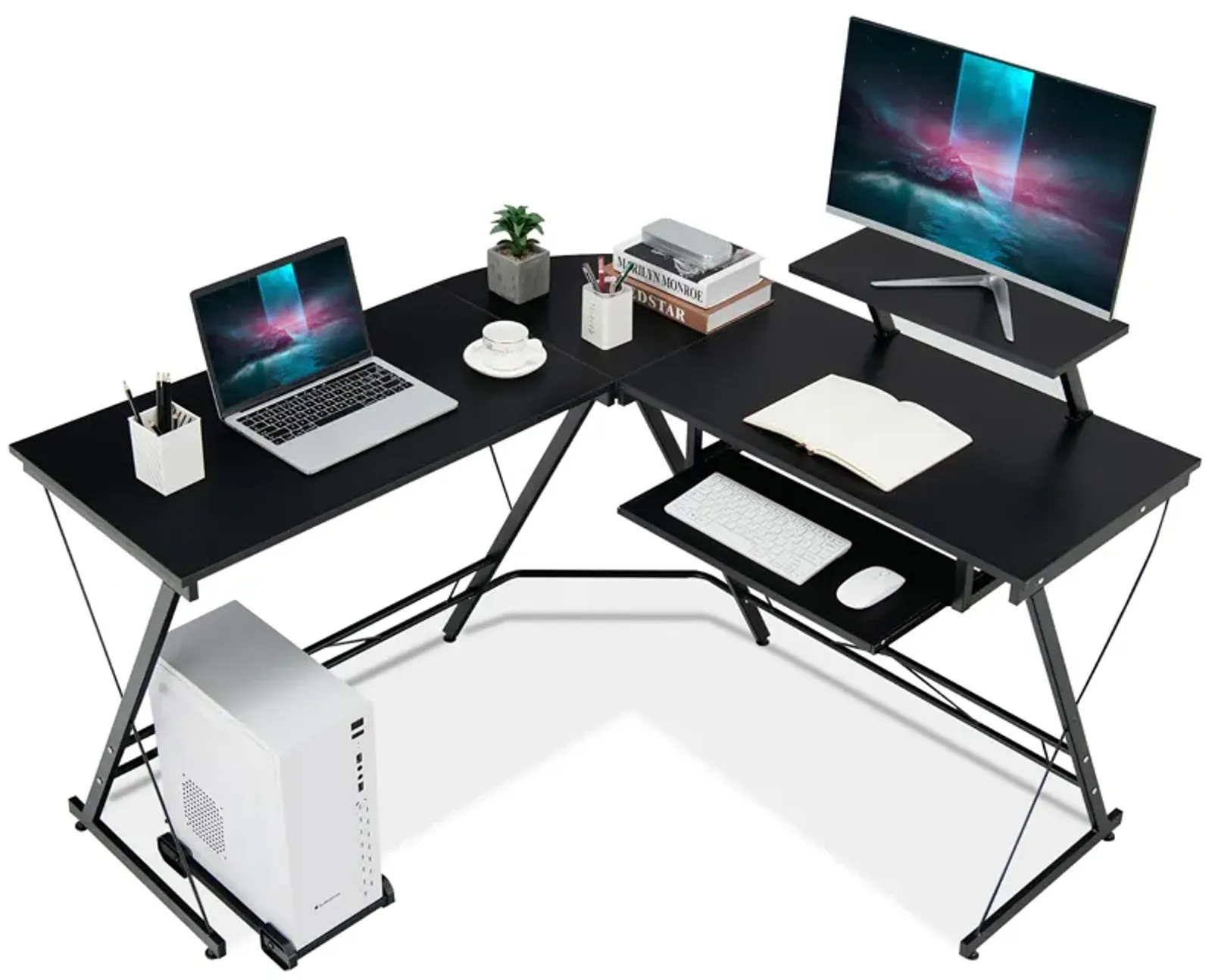 Costway L Shaped Computer Desk Home Office Workstation w/ Movable Monitor Stand Black