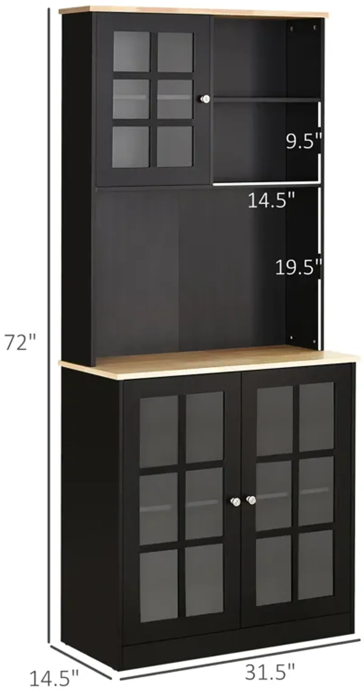 Black Culinary Storage: 72" Kitchen Pantry Cabinet with Glass Doors