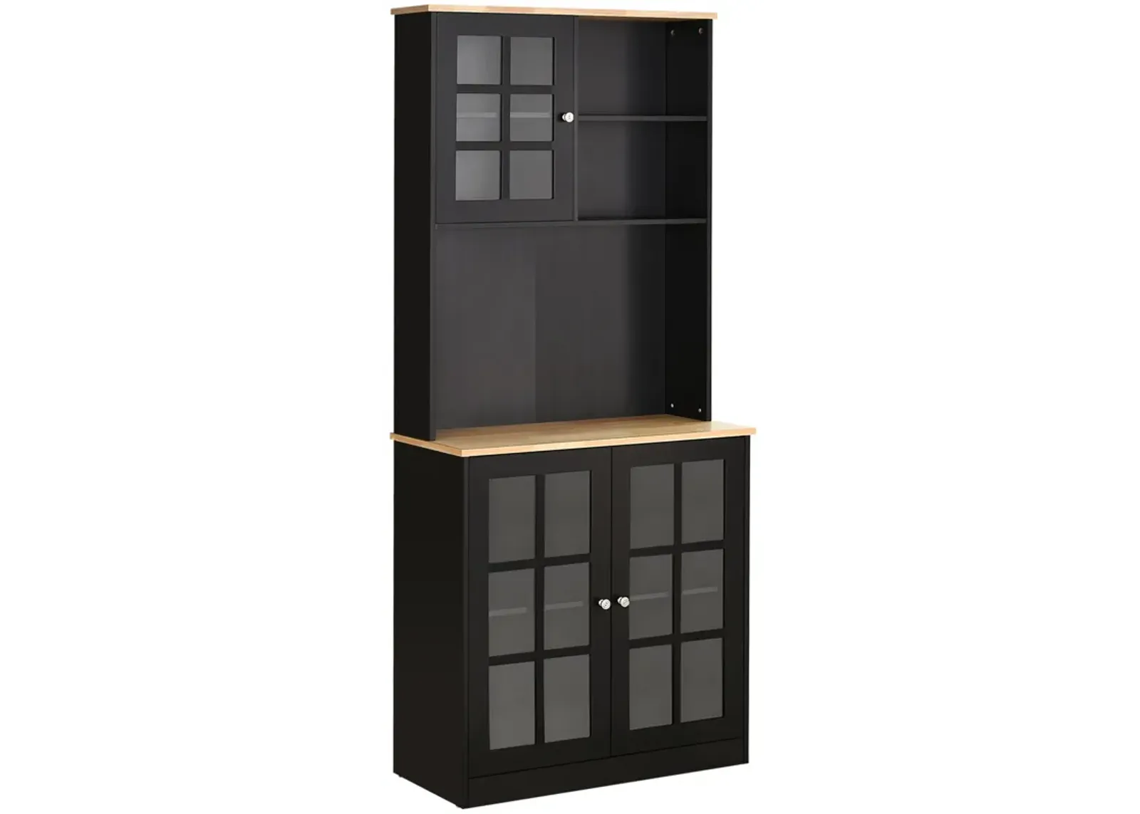 Black Culinary Storage: 72" Kitchen Pantry Cabinet with Glass Doors