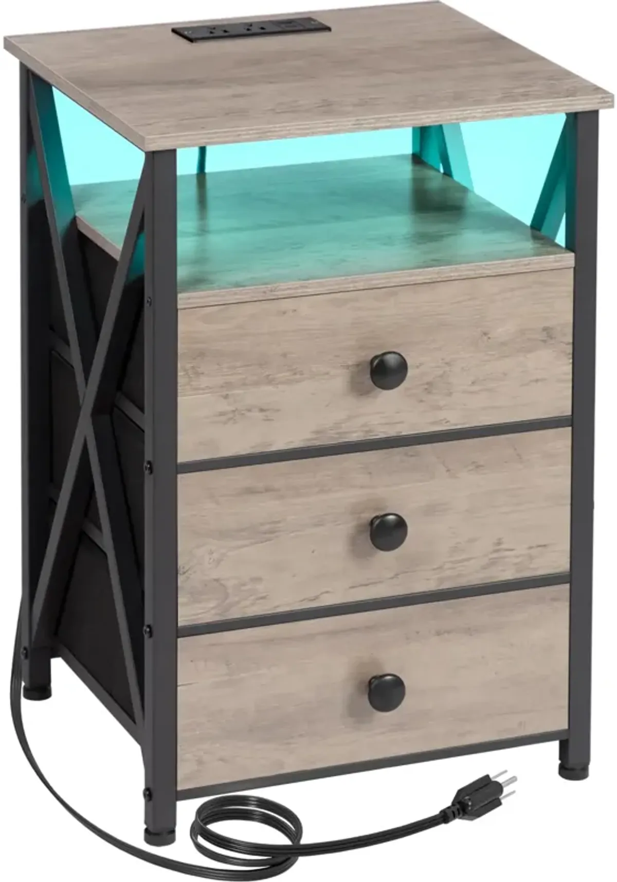 AMHANCIBLE LED Nightstand with Charging Station, Smart End Side Table with USB Port & Power Outlet, Bedside Table with Fabric Dr