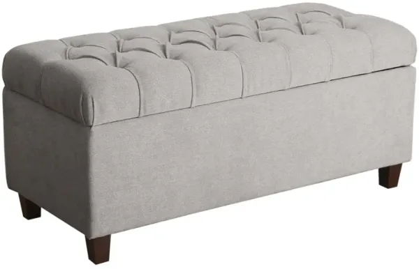 Fabric Upholstered Button Tufted Wooden Bench With Hinged Storage, Gray and Brown - Benzara