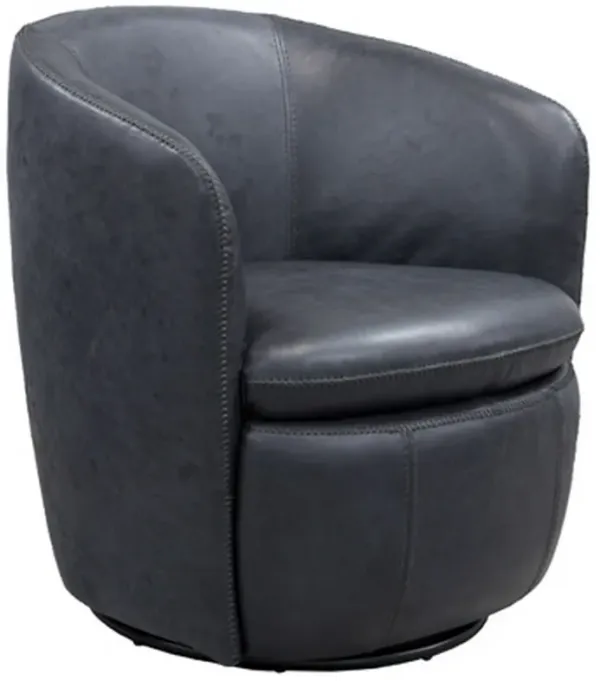 Niko Swivel Accent Chair, Round Barrel Design, Dark Blue Top Grain Leather -