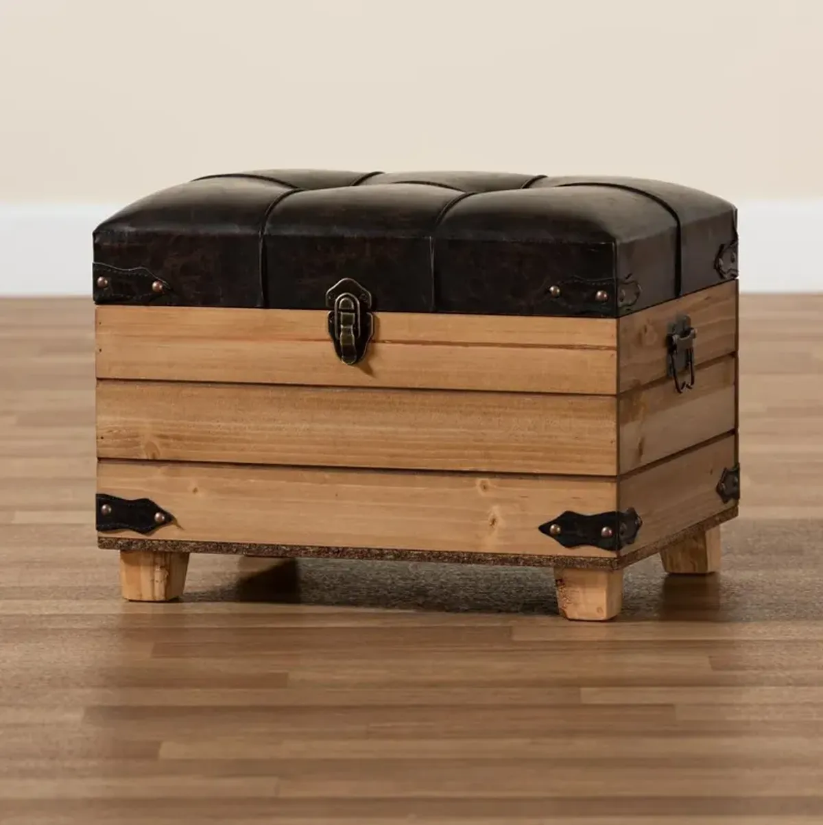 Leather Upholstered and Oak Brown Finished Wood Storage Ottoman