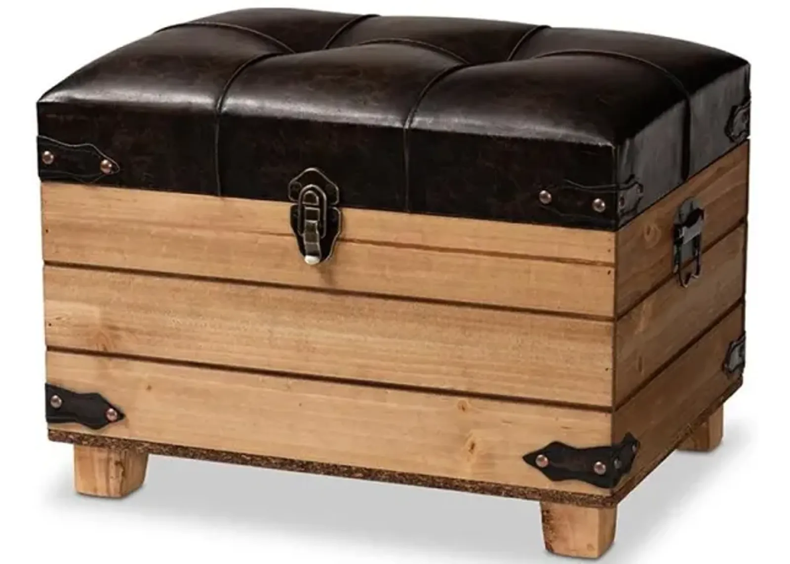 Leather Upholstered and Oak Brown Finished Wood Storage Ottoman