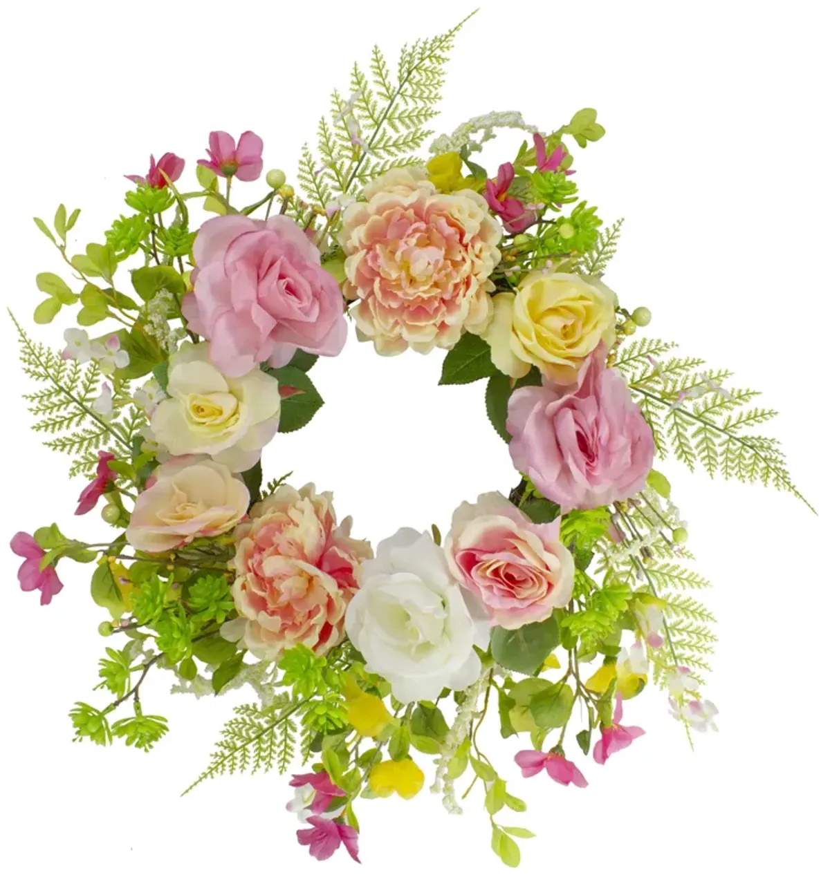 Rose and Peony Artificial Floral Spring Wreath  Pink and Yellow - 22-Inch