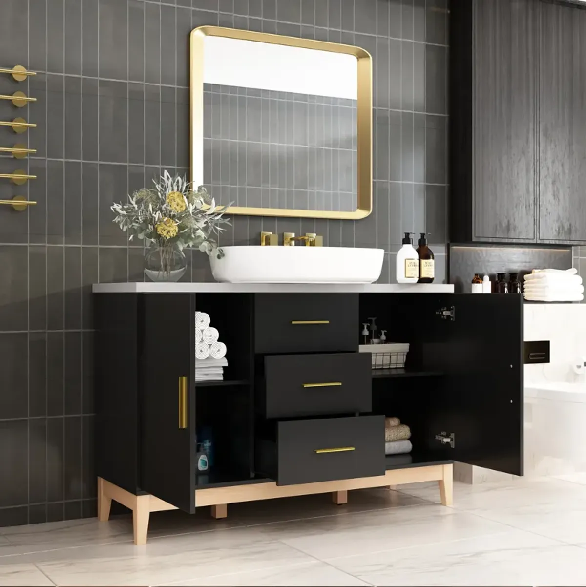 FUFU&GAGA  Sleek Black Bathroom Vanity Cabinet with Ample Storage and Gold Accents (47.2" W x 18.9" D x 31.3" H), Black